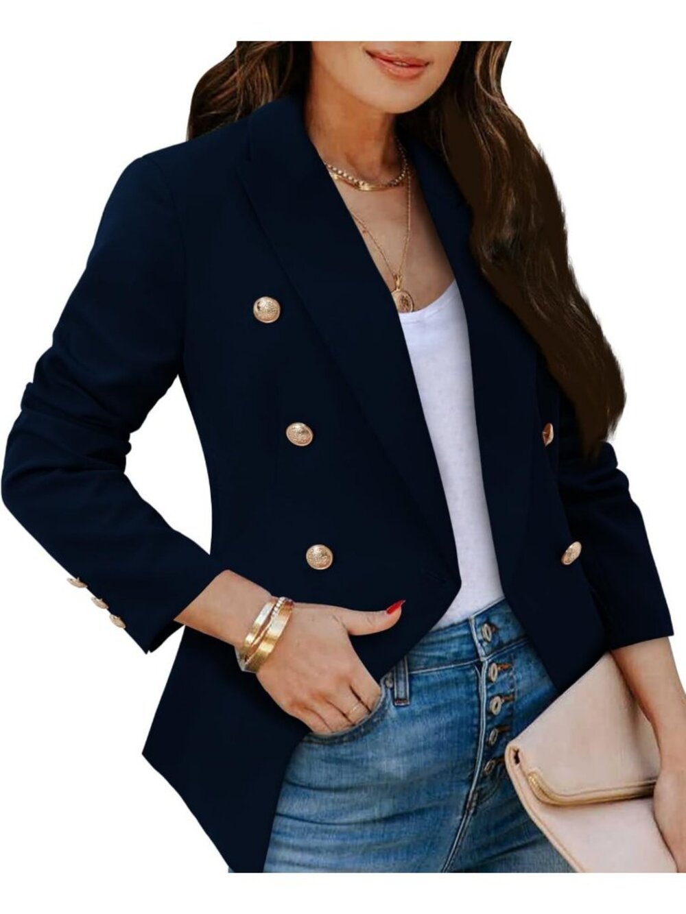 Chic Double Breasted Blazer with Gold Buttons | Women's Business Casual Jacket